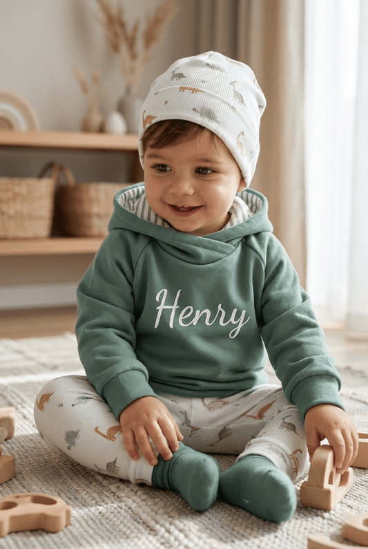 Personalisierter Kinder Hoodie mit Namen in Wunschfarbe, handgemacht aus weichem Sweat bequemer Kapuzenpullover für Babys & Kinder, Gr. 50-140.