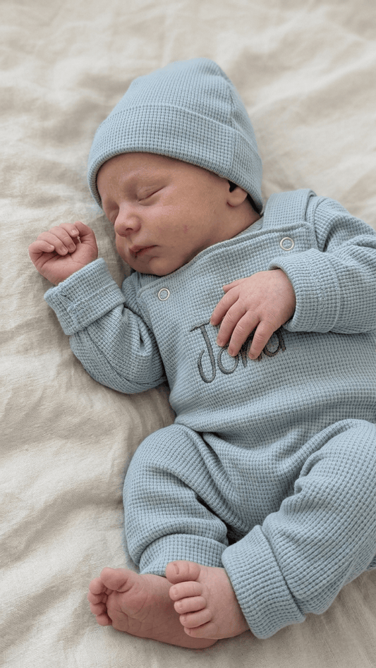 Salopette bébé personnalisée | Tricot gaufré vert d'eau | Taille 44-86