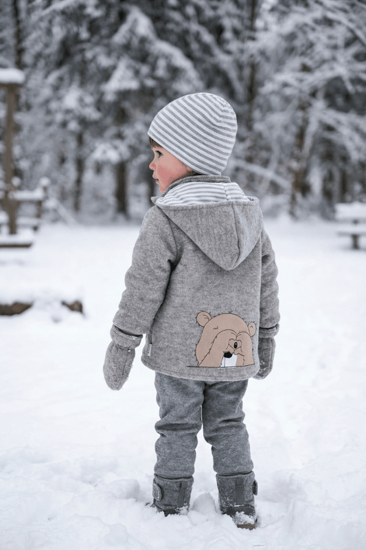 Veste bébé et enfant | Laine bouillie | avec poches plaquées et application | Tailles 56-146