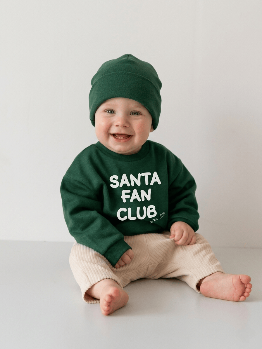 Baby und Kleinkinder Pullover Santa Fan Club, individuell Personalisierbar mit Jahreszahl. Perfektes Outfit für Weihnachten oder als Geschenk zum ersten Weihnachtsfest. Handgemacht in Deutschland
