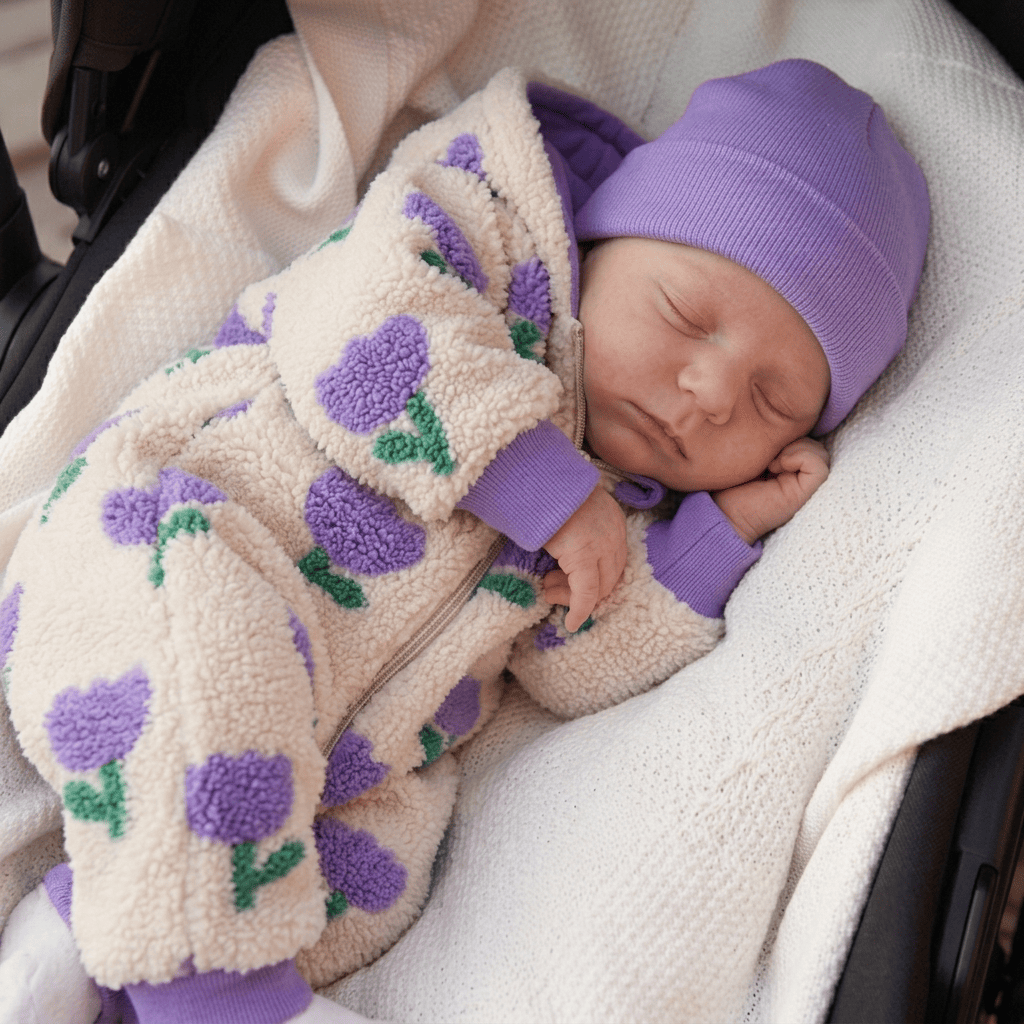 Fleece Overall Baby Mädchen mit Tulpenmotiv – Teddystoff creme-lila, Kapuze und lila Bündchen | Talu-Kids