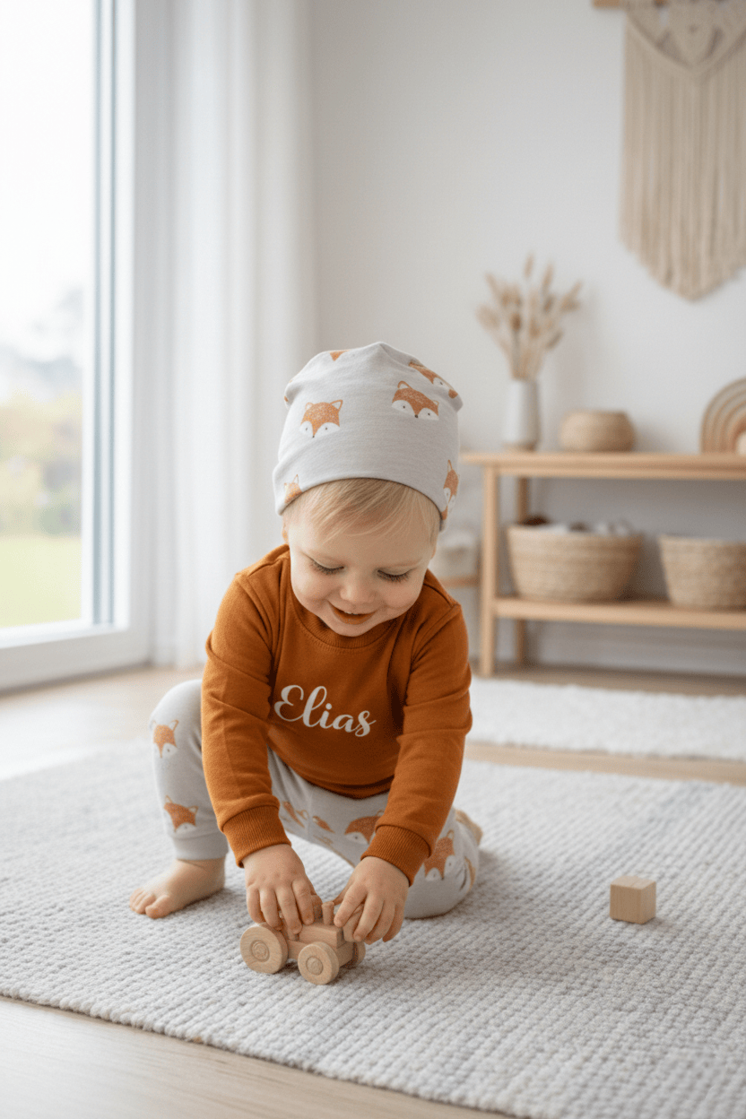 In Deutschland, handgemachtes Baby und Kinderset, bestehend aus einem Pullover mit Namen, einer dazu passenden Hose und Mütze.