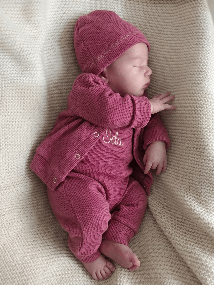In Deutschland angefertigtes Babyset aus Baumwolle, individuell personalisierbar. Perfektes Geschenk zur Geburt, Taufe oder Geburtstag. Auch ideal als Home-Coming-Outfit für dein Baby. 