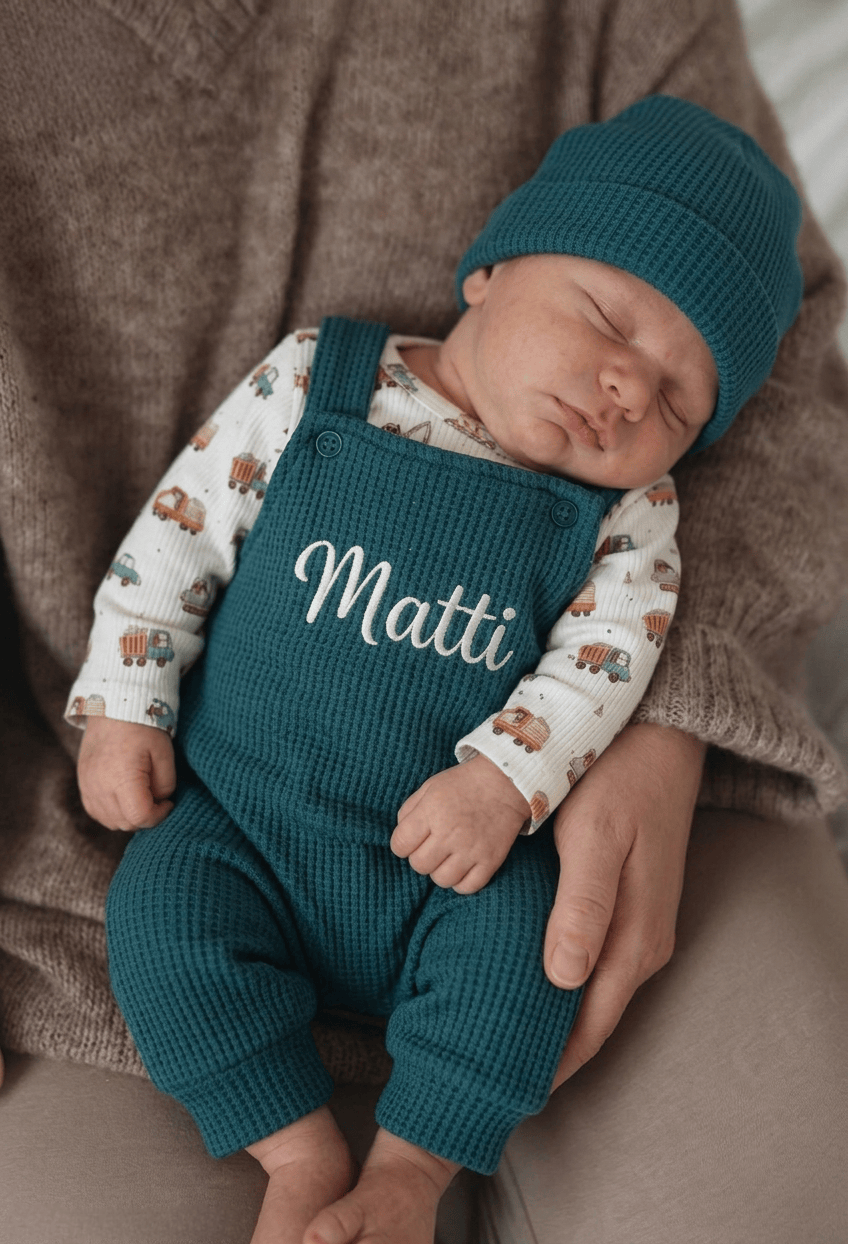 Handgemachtes Babyset für Jungen aus Baumwolle, individuell personalisierbar. Perfekte Geschenkidee zur Geburt, Taufe oder als Homecoming Outfit. 