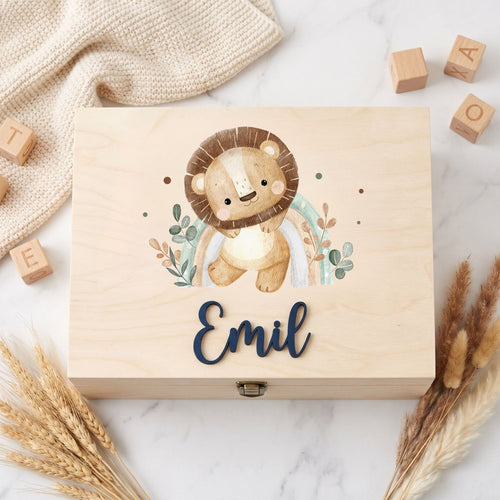 Personalisierbare Holzkiste Baby Junge – Löwen Motiv Geschenk zur Geburt · Talu Kids