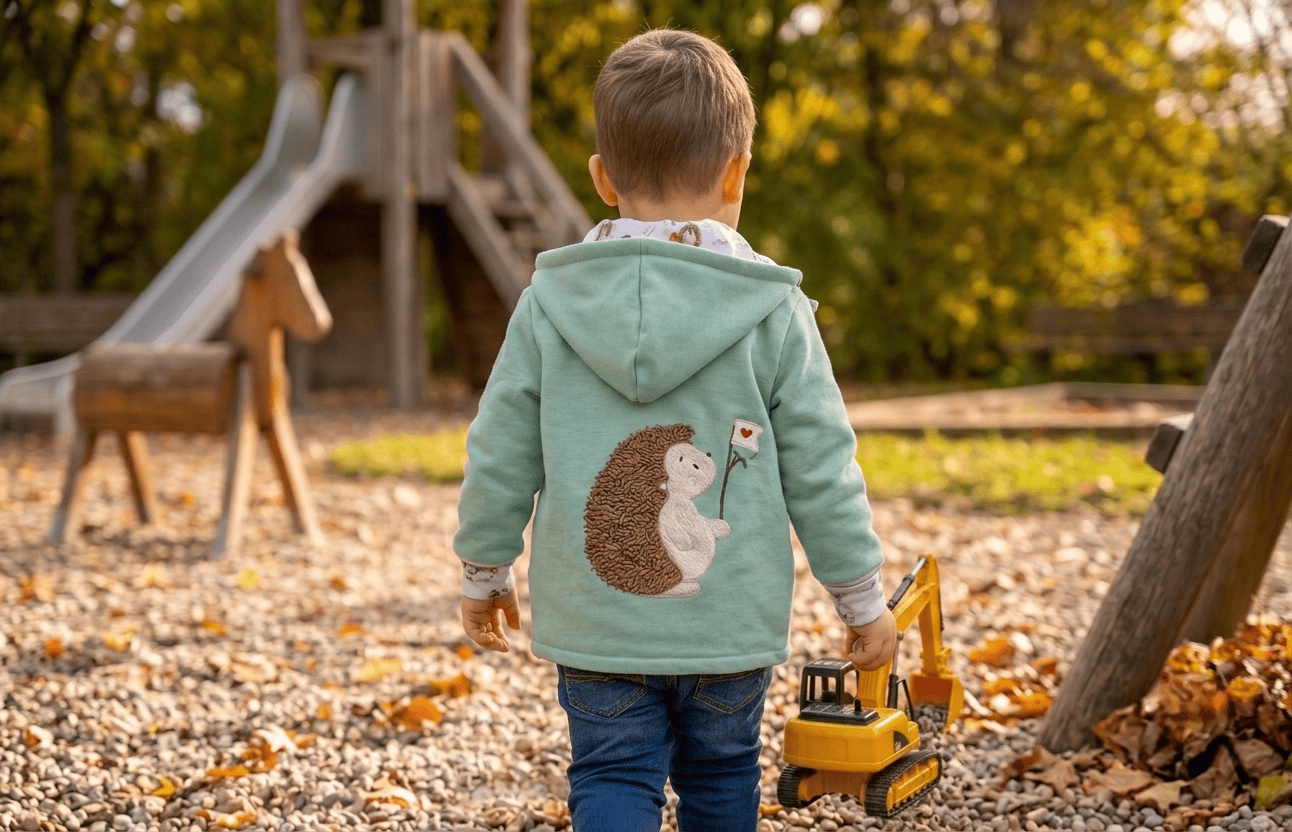 Handgemachte Baby und Kinder Übergangsjacke aus Sweat mit Wunschapplikation auf dem Rücken. 