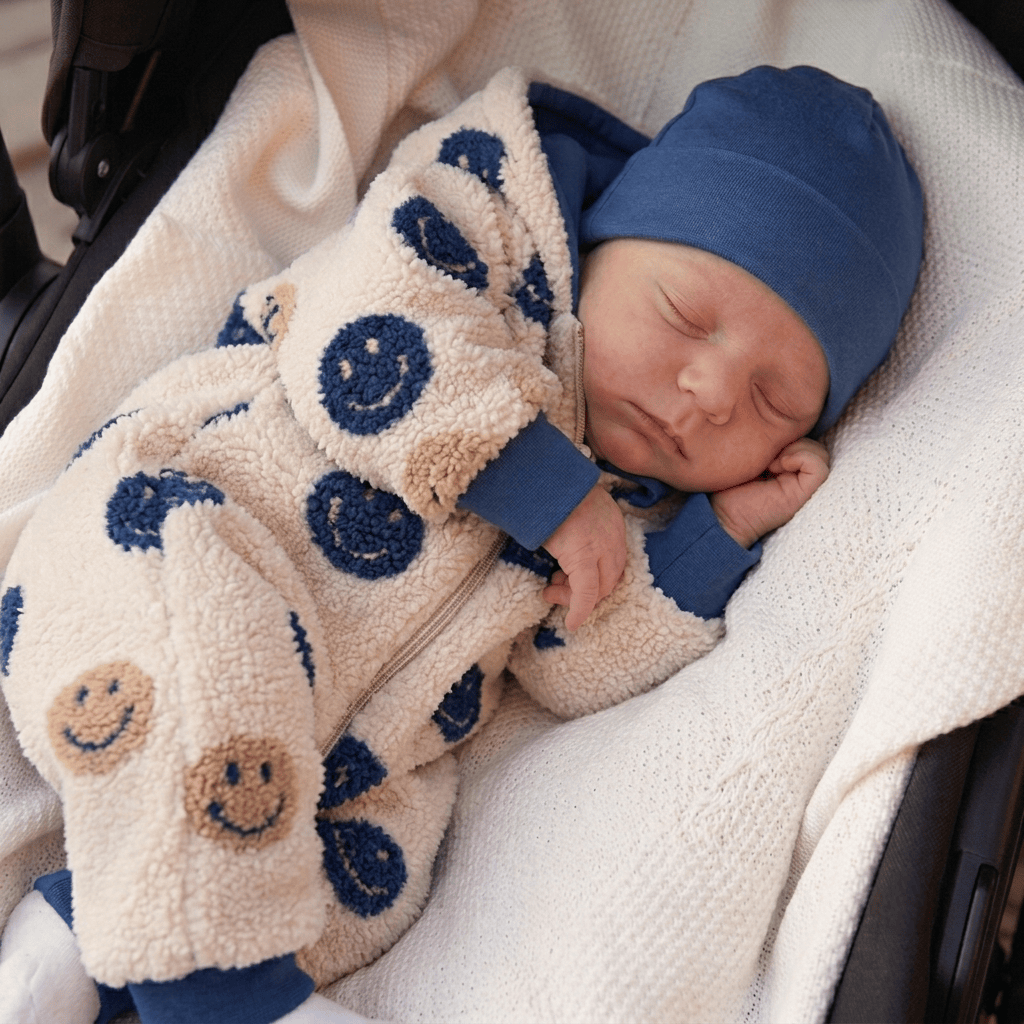 Fleece Overall Baby Junge mit Smiley-Motiv – Teddystoff creme-marineblau, Kapuze und blaue Bündchen, Geschenkidee baby | Talu-Kids