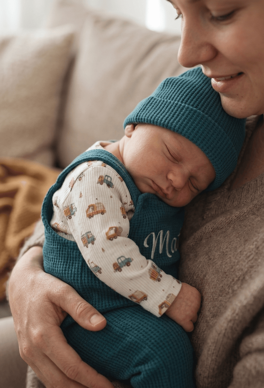 Handgemachtes Babyset für Jungen aus Baumwolle, individuell personalisierbar. Perfekte Geschenkidee zur Geburt, Taufe oder als Homecoming Outfit. 