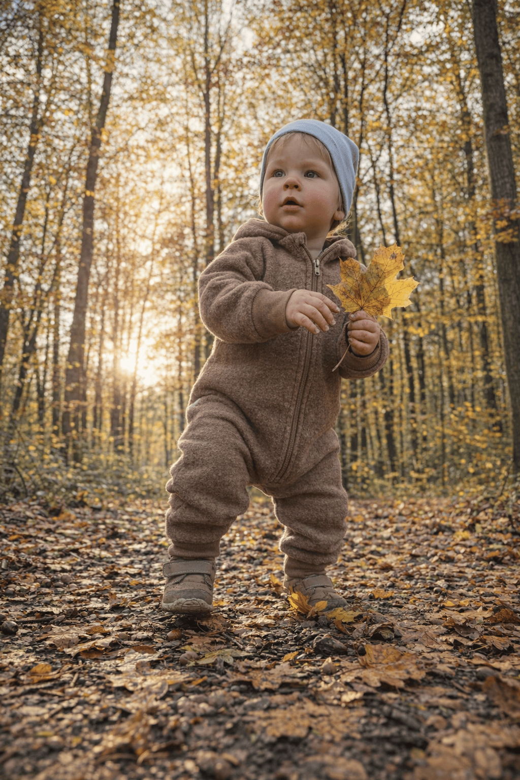 In Deutschland handgemachter Overall aus Walkloden in Beige mit Reißverschluss. 