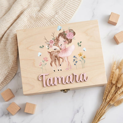 Erinnerungskiste Baby Mädchen Reh – personalisierbare Holzbox Geschenk · Talu Kids