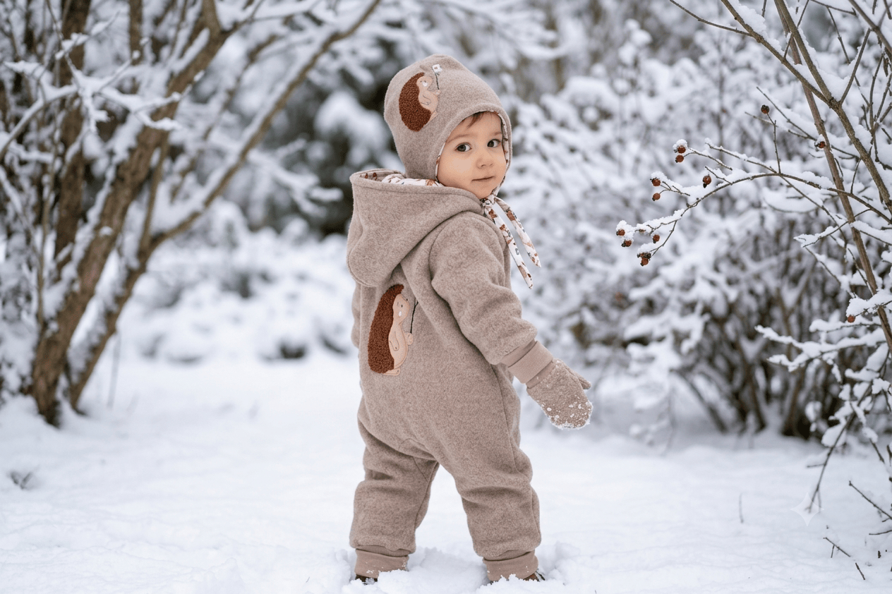 in Deutschland angefertigter Schneeanzug aus 100%Wolle, mit individueller Applikation auf dem Rücken.