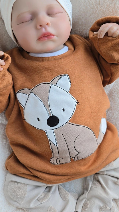 Oversize Kinderpullover aus Sweat, Farbe Dunkel Ocker, Applikation Fuchs 26, handgemacht