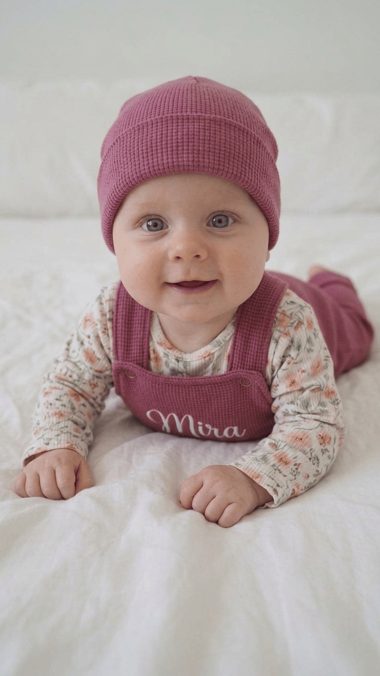 Latzhose Baby mit Namen Waffelstrick Himbeere – handgemacht Bayern · Talu Kids