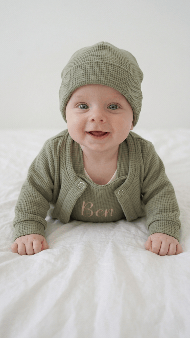 Baby Set Olive personalisiert – Neugeborenen Set Latzhose Cardigan Mütze · Talu Kids