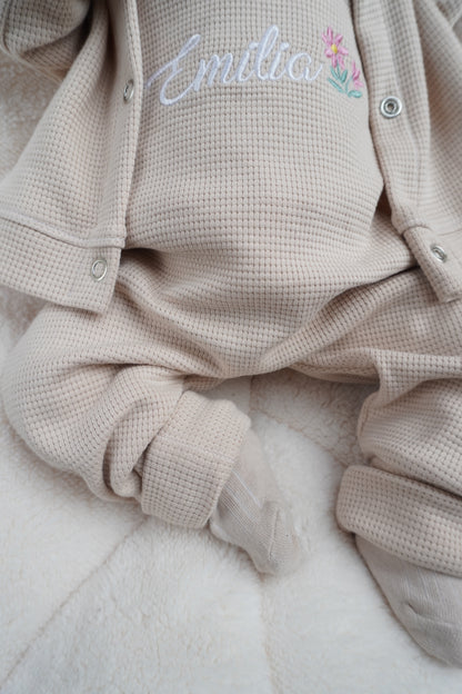 Individuell bestickbares Baby-Set mit Blume | Waffelstrick - Myawi-Kids