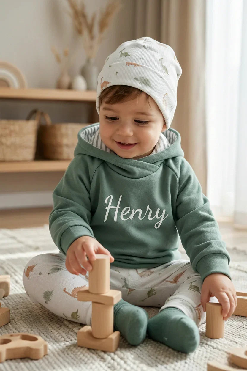 Personalisierter Kinder Hoodie mit Namen in Wunschfarbe, handgemacht aus weichem Sweat bequemer Kapuzenpullover für Babys & Kinder, Gr. 50-140.