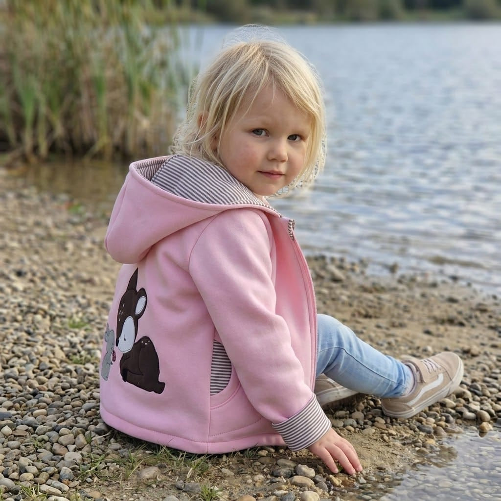In Deutschland, handgefertigte Übergangsjacke aus Sweat in Rosa mit Wunschapplikation auf dem Rücken. Kapuze und Reißverschluss sowie Taschen.
