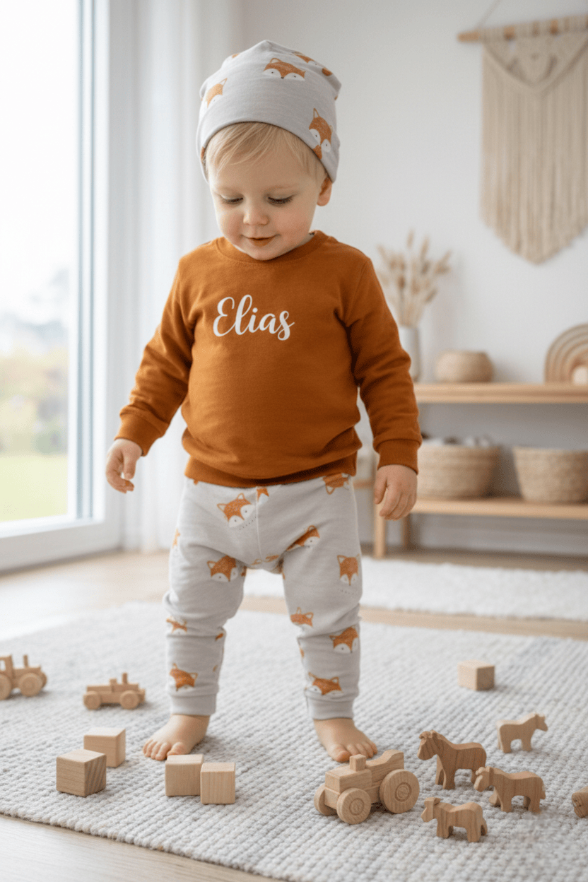 In Deutschland, handgemachtes Baby und Kinderset, bestehend aus einem Pullover mit Namen, einer dazu passenden Hose und Mütze.