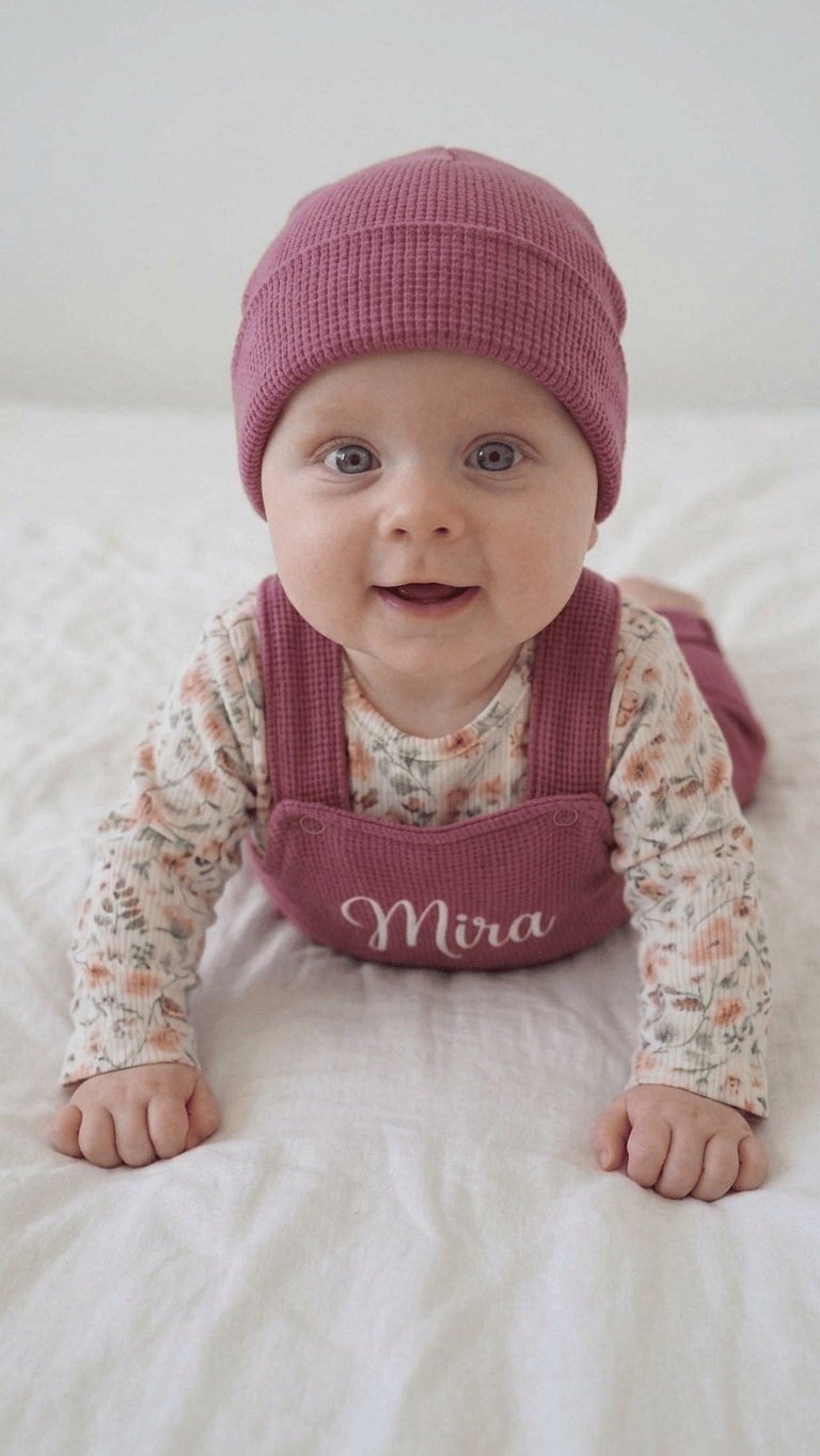 Personalisierte Latzhose Baby Himbeere – Babygeschenk handgemacht Bayern · Talu Kids