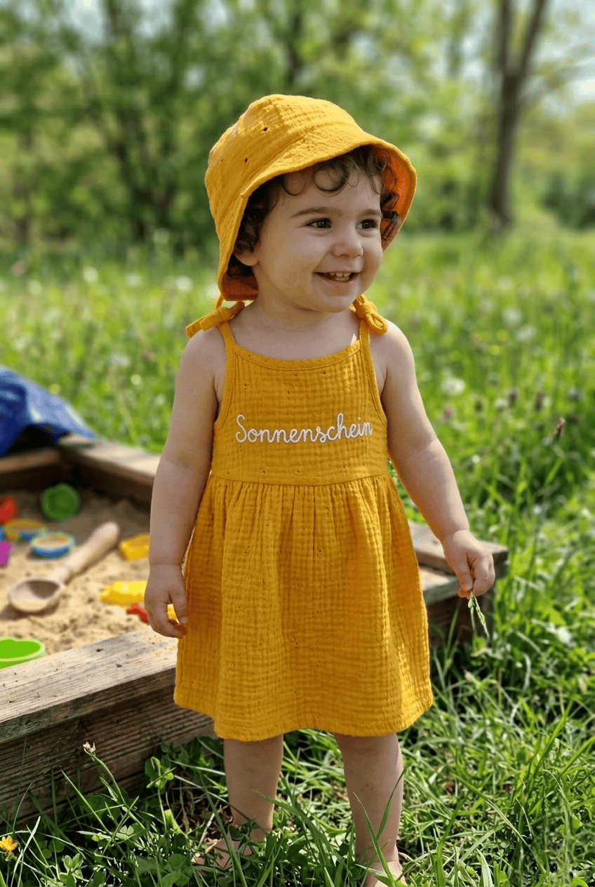 Sommerkleid Mädchen Musselin Gelb handgemacht – leichtes Kleid Bayern Gr. 68-116 · Talu Kids