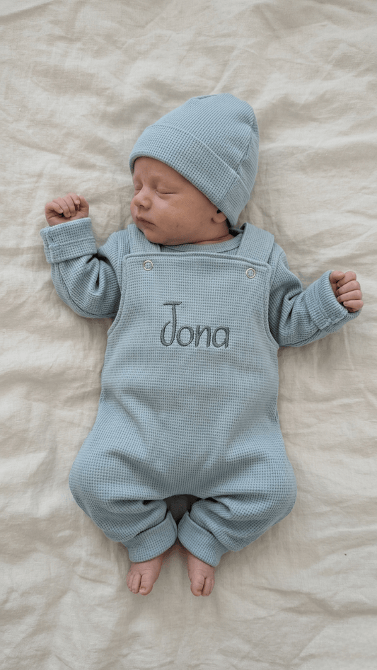 Salopette bébé personnalisée | Tricot gaufré vert d'eau | Taille 44-86