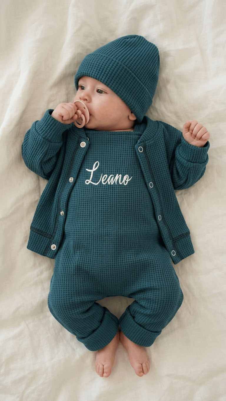 Baby Set Petrol personalisiert – Latzhose Cardigan Mütze handgemacht aus Bayern · Talu Kids