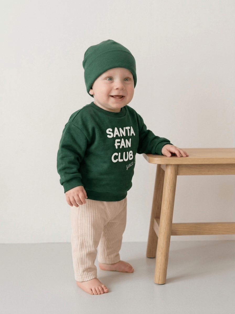 Baby und Kleinkinder Pullover Santa Fan Club, individuell Personalisierbar mit Jahreszahl. Perfektes Outfit für Weihnachten oder als Geschenk zum ersten Weihnachtsfest. Handgemacht in Deutschland