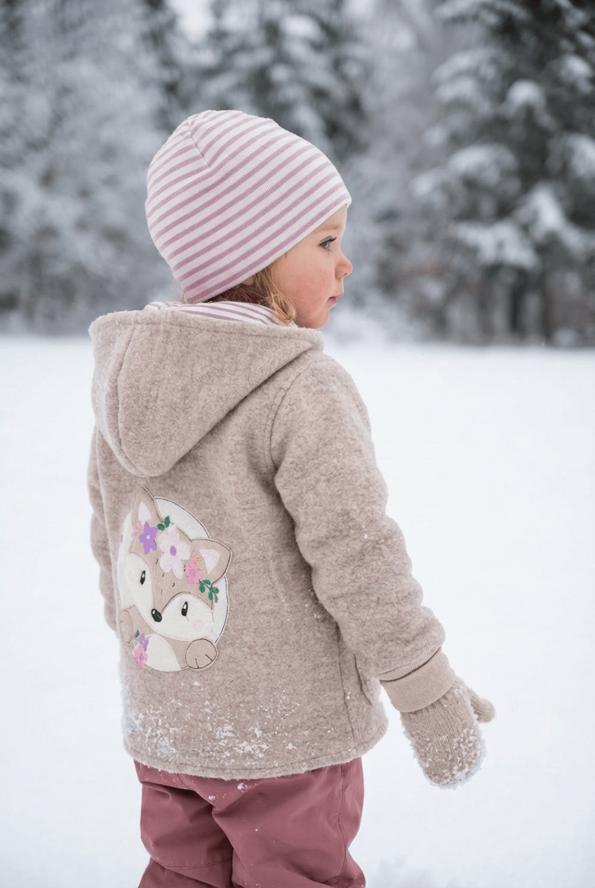 Veste bébé et enfant | Laine bouillie | avec poches plaquées et application | Tailles 56-146